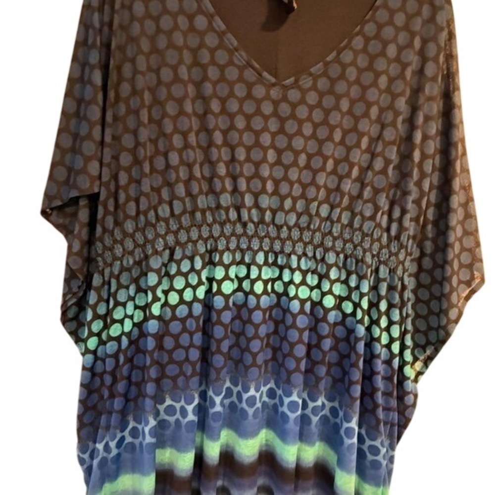 Rafaella Blue Green Polka Dot Smocked‎ Empire Waist V-Neck Top Large